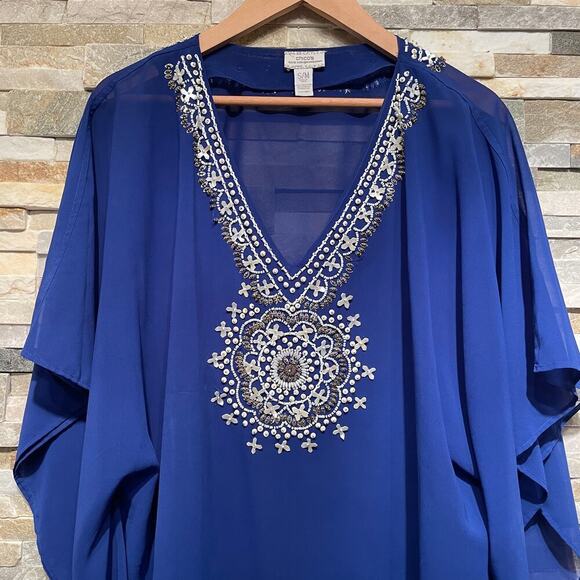 Chico’s Beaded Kaftan Top Coverup S/M | Sheer Blue Resortwear, Embellished Boho - Picture 8 of 8